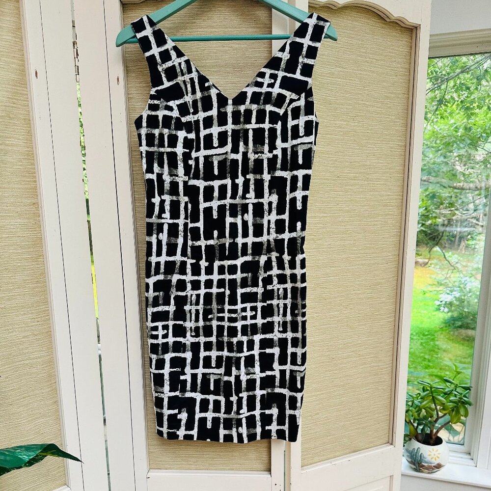 Vintage 90s Spiegel Sheath Dress 8 Black White Abstract Career Stretch Cotton